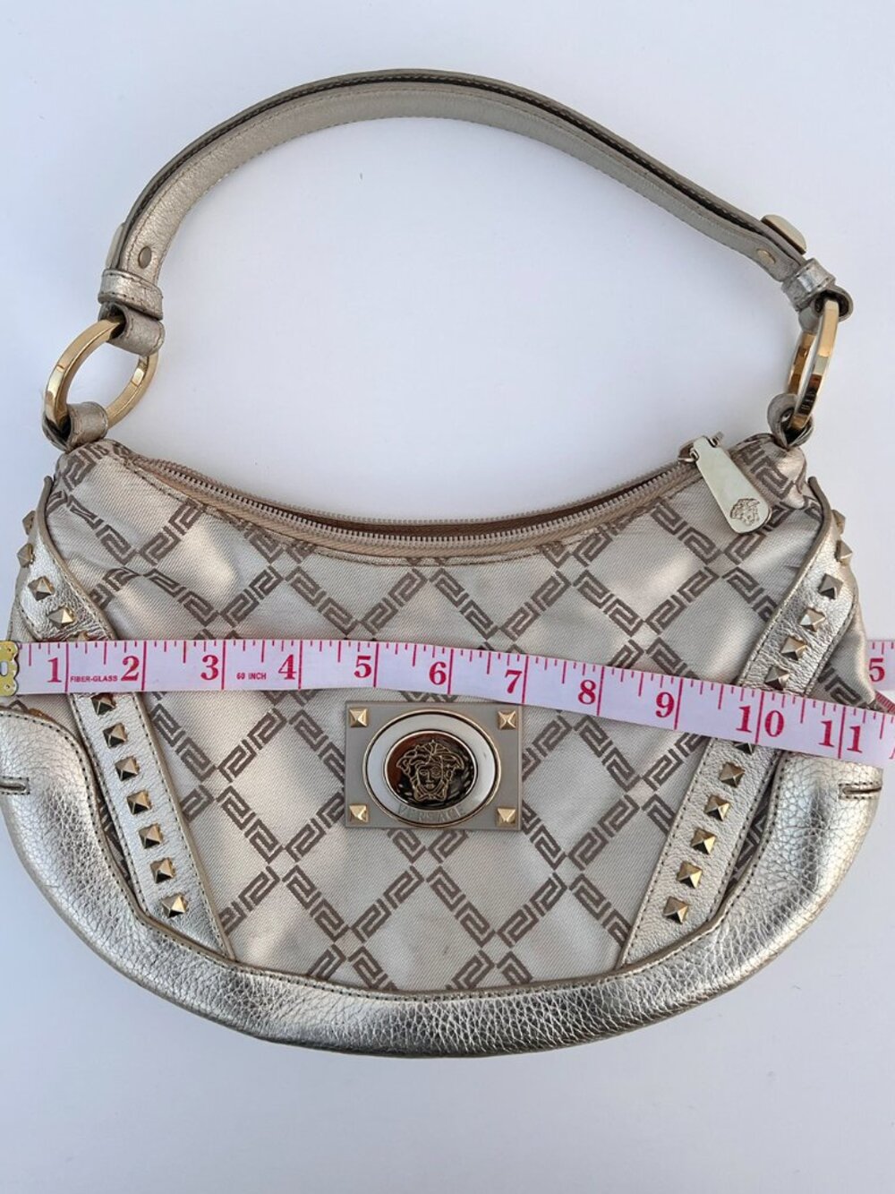 VERSACE Silver Metallic Leather Jacquard Medusa Studded Hobo Shoulder Bag - Picture 11 of 14
